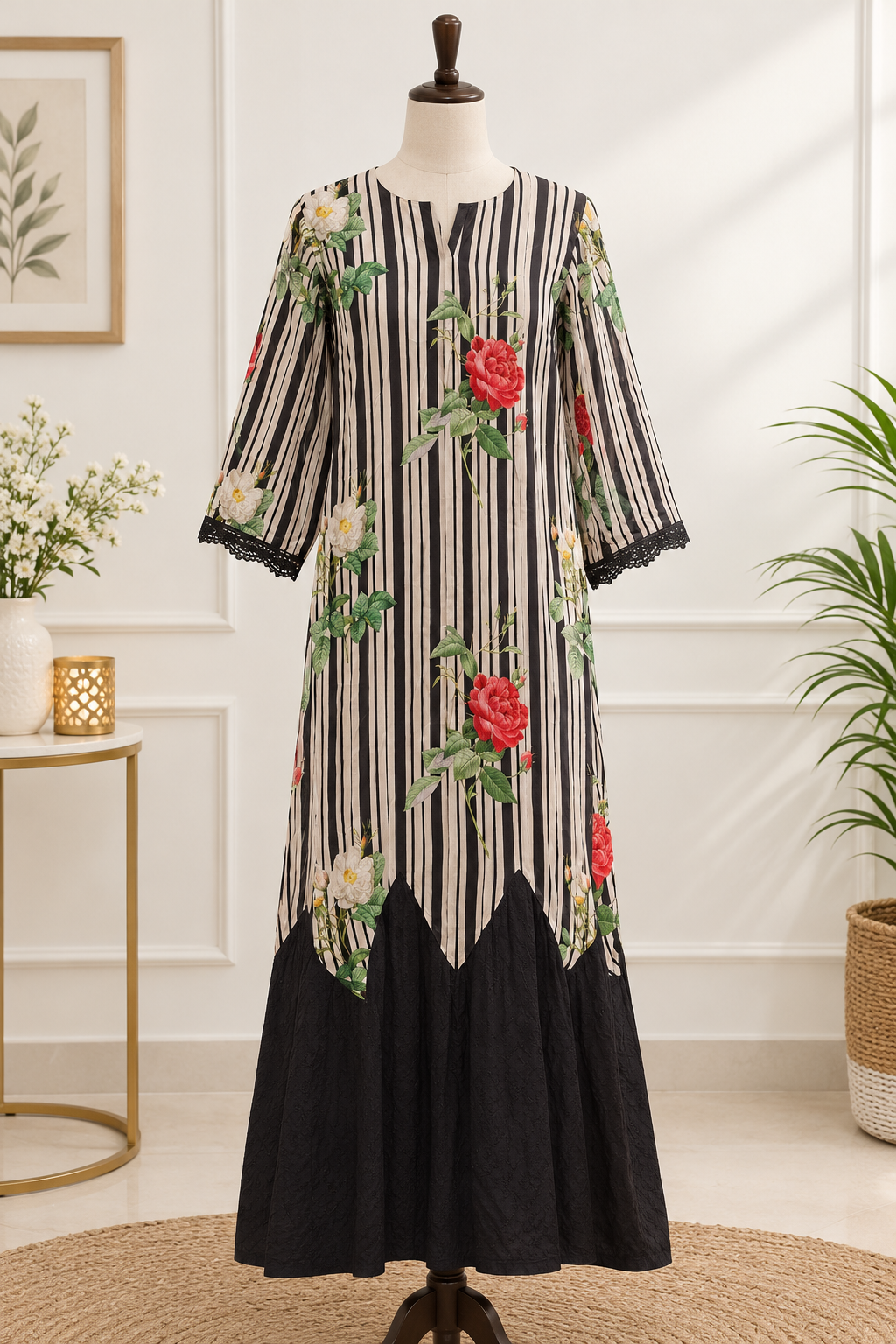 BLACK STRIP FLORAL PRINT DRESS