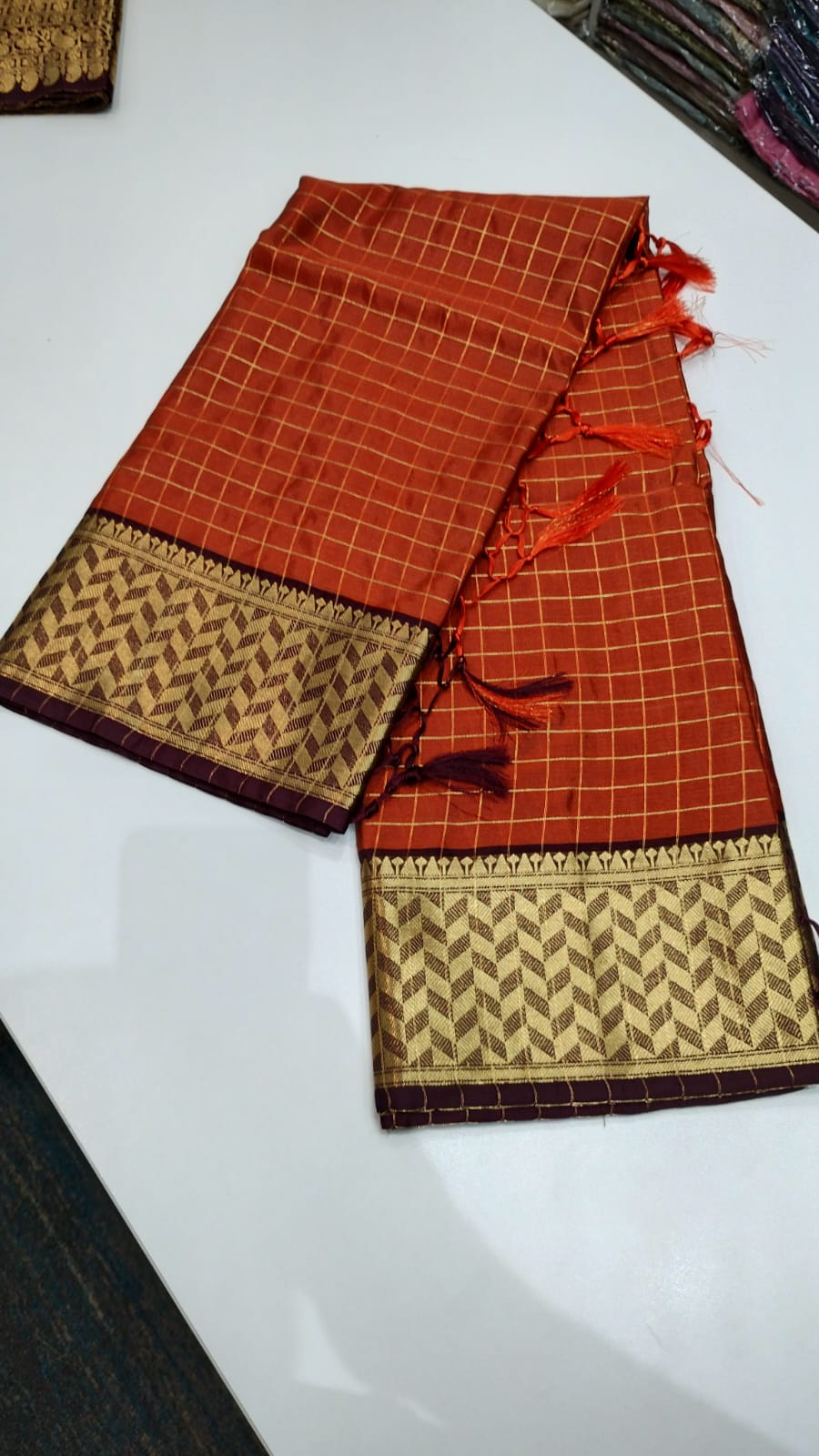 Traditional Checked Saree with Rich Zari Border